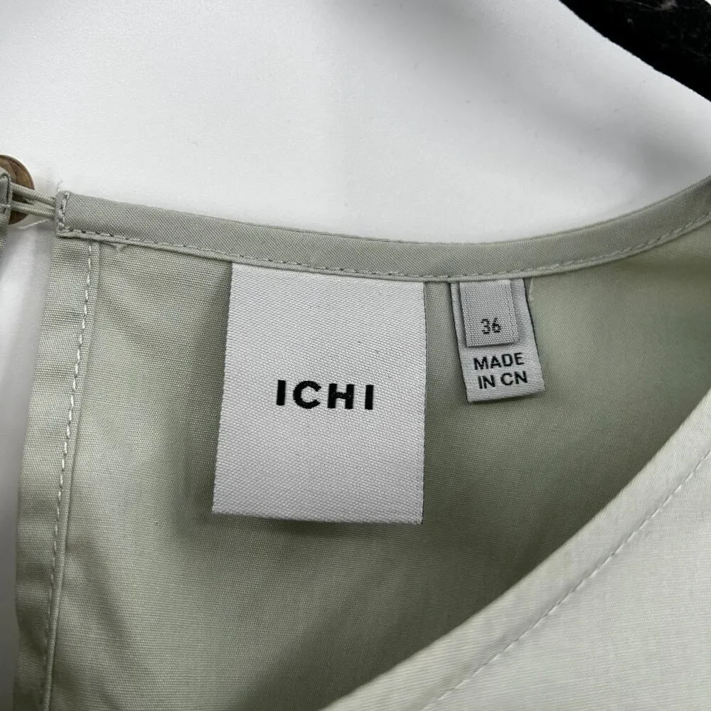 ICHI Pale Sage Green Crepe Puff Sleeve Oversized Pleated Short Dress Size Small